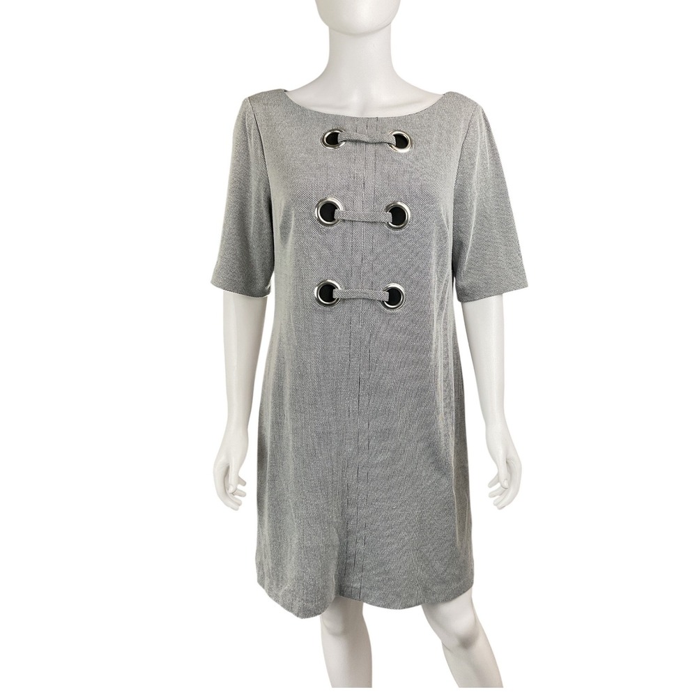 Gray‎ Adrianna Papell Dress Short Sleeve Sheath Ponte Knit Eyelet Detail